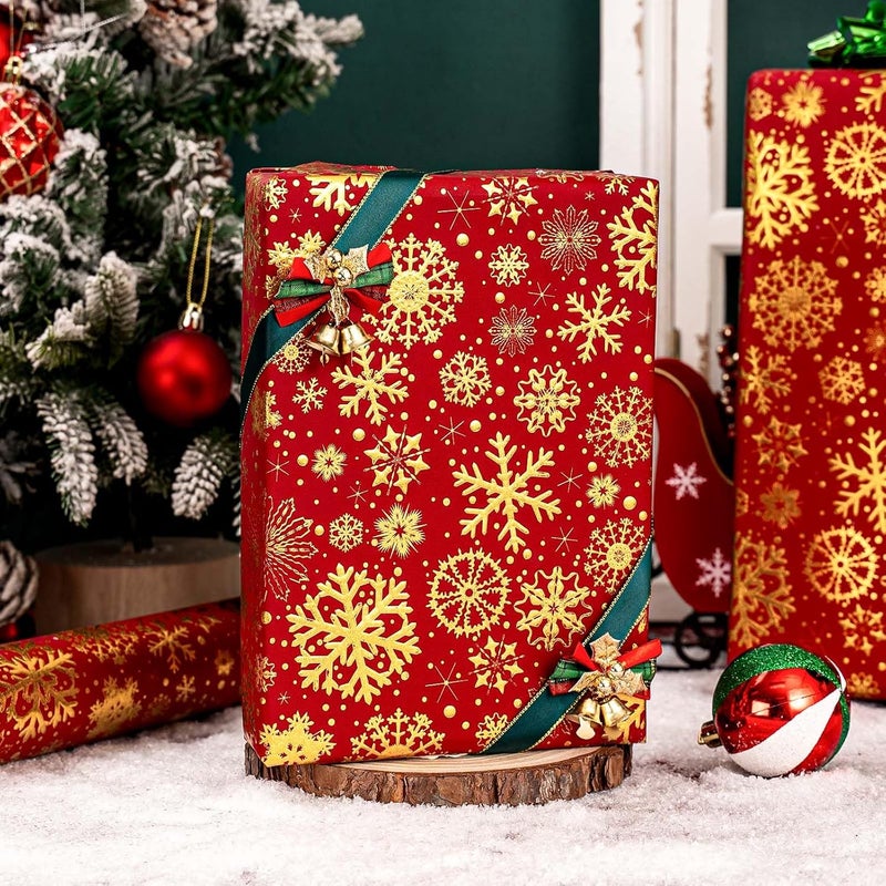 Yarcony Christmas Wrapping Paper, Embossed Snowflake Wrapping Paper, Kraft Classy Sparkle 3D Red & Gold Snowflake Holiday Gift Wrap for Winter Party, Festive Decoration (Mini Roll, 17 Inch X 33 Feet) - Image 2